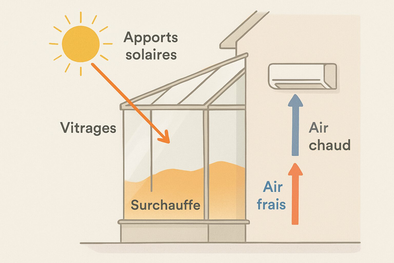 Schéma des apports solaires d’une véranda et diffusion d’air d’un split mural