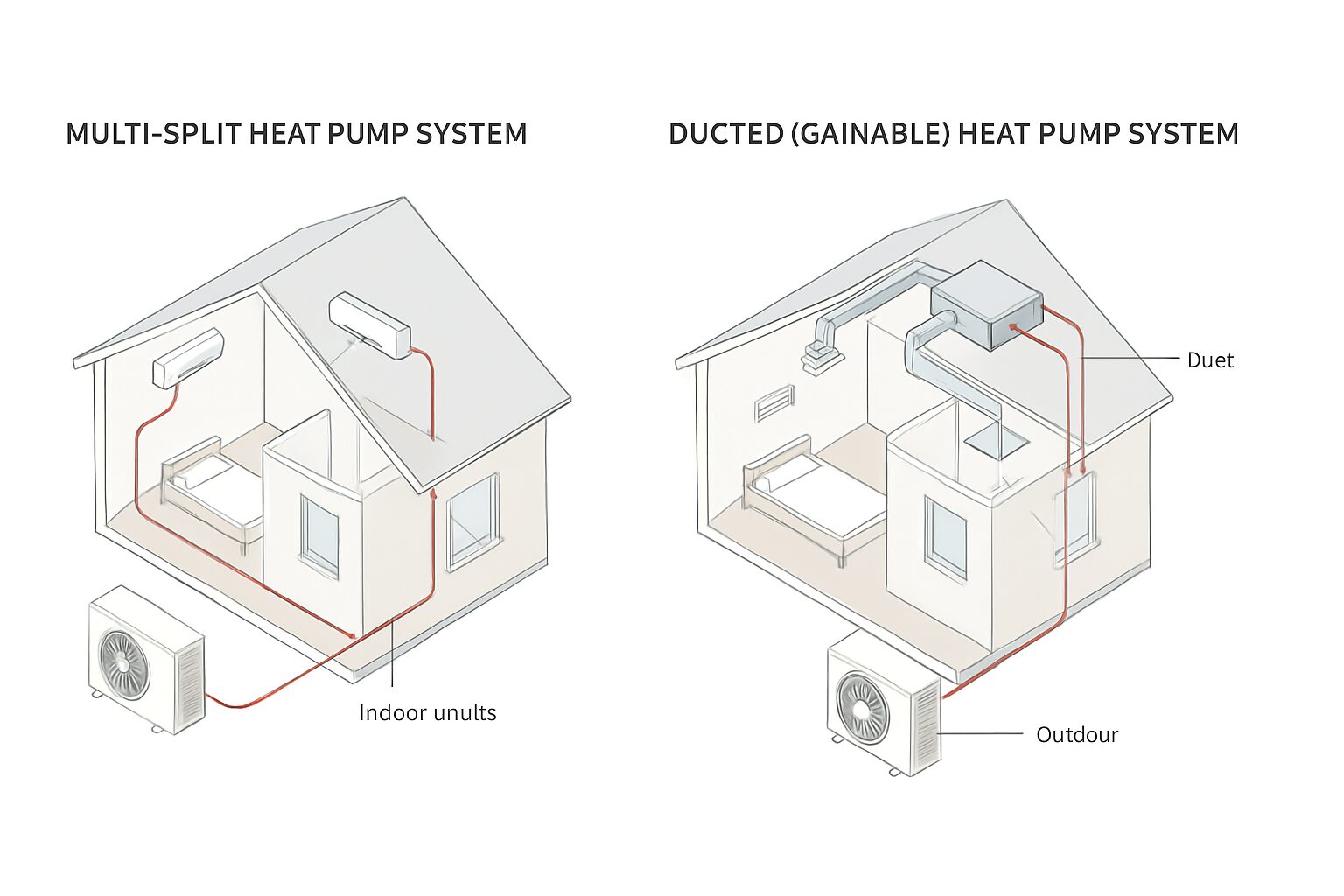Schéma comparatif multi-split et gainable pour location