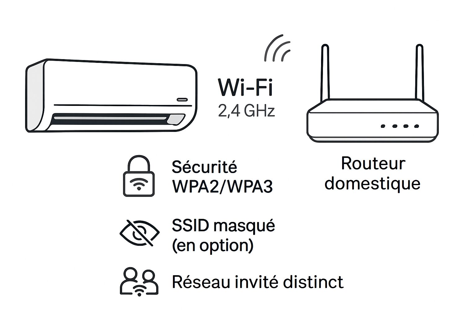 Schéma de configuration Wi‑Fi sécurisée pour une climatisation connectée
