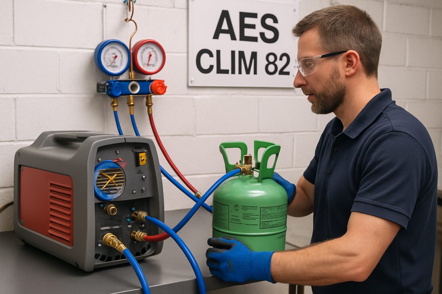 Récupération des fluides frigorigènes avec station et bouteille