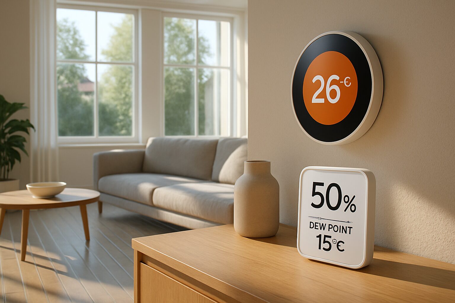 Thermostat connecté et sonde d’humidité affichant le point de rosée pour sécuriser le rafraîchissement.