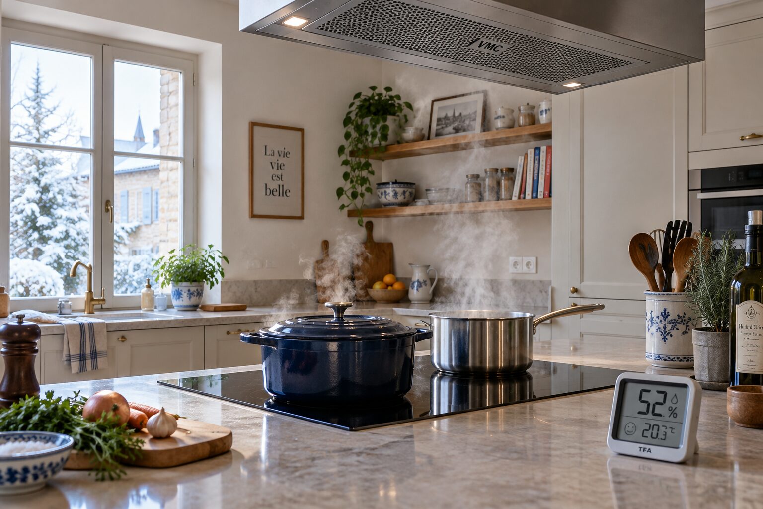 Cuisine en hiver : vapeur maîtrisée par VMC et hygromètre à 52 %