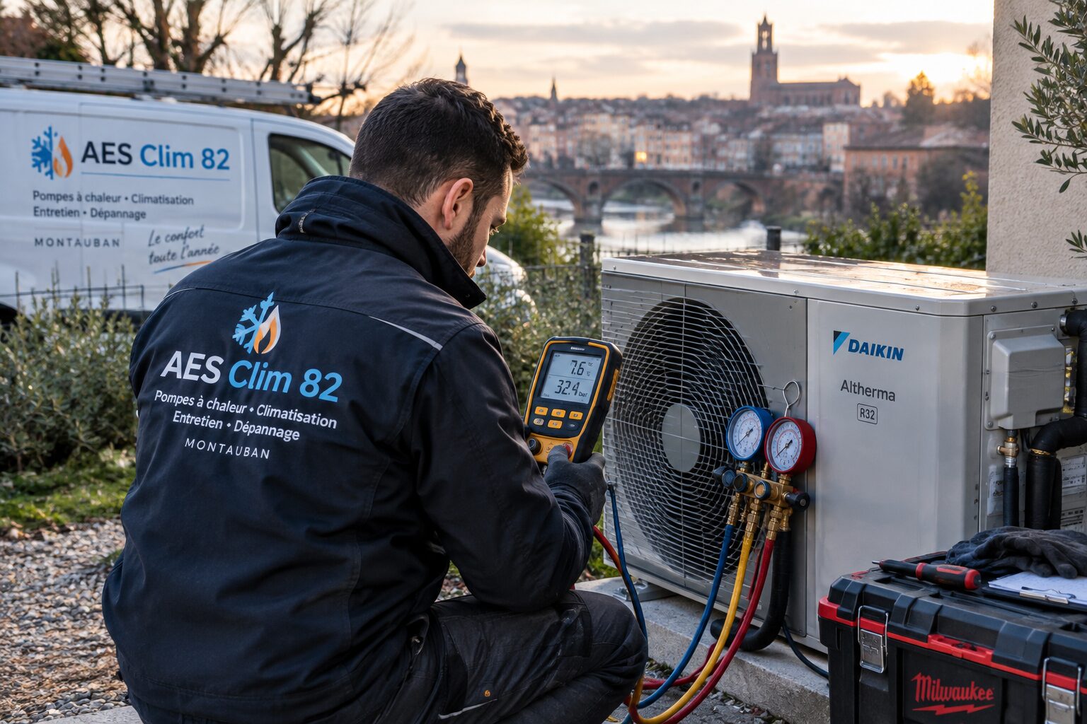 Technicien AES Clim 82 réalisant l’entretien hivernal d’une PAC