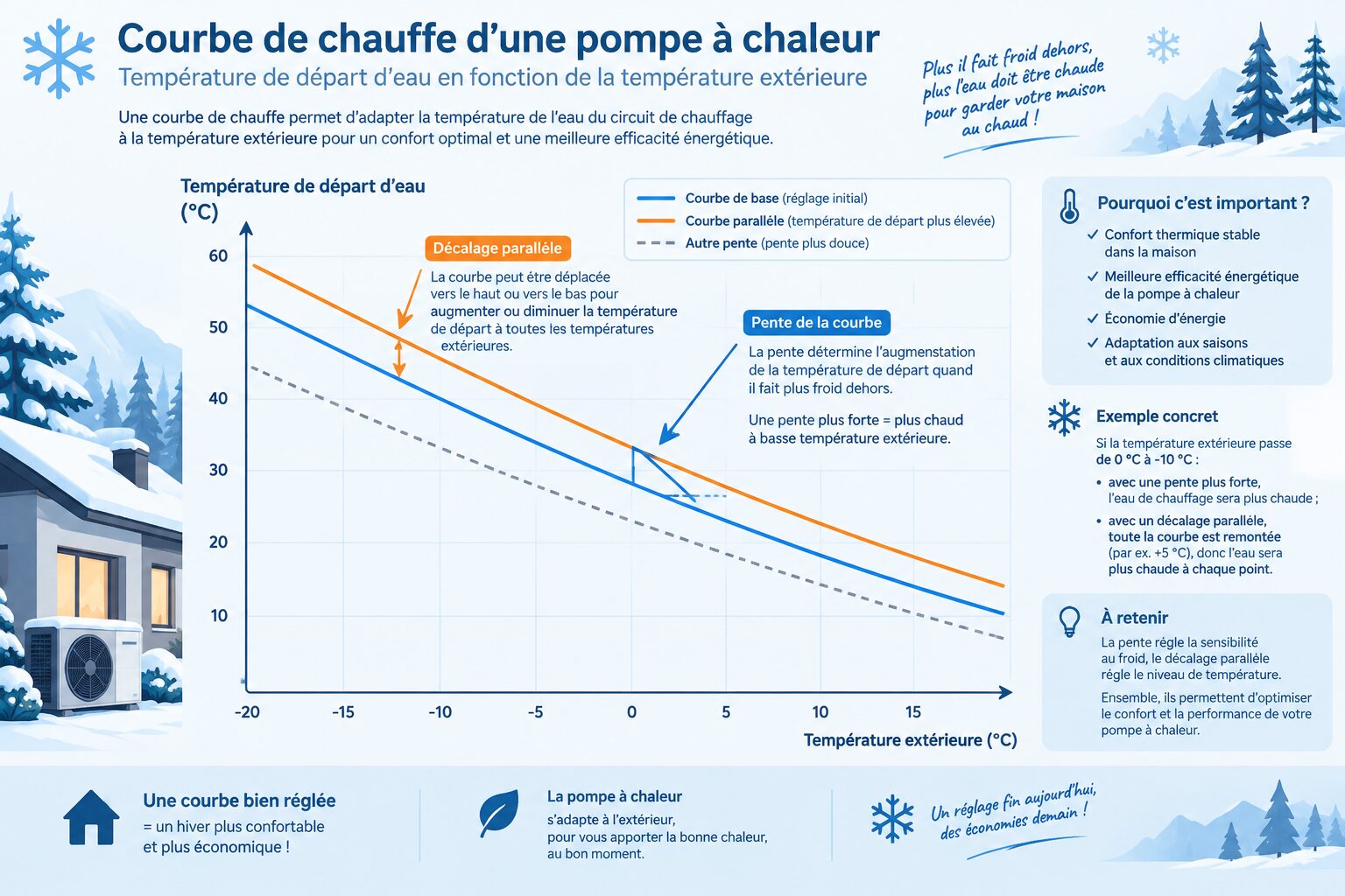 Graphique de la courbe de chauffe d’une PAC air/eau avec pente et décalage, repères SCOP hiver.