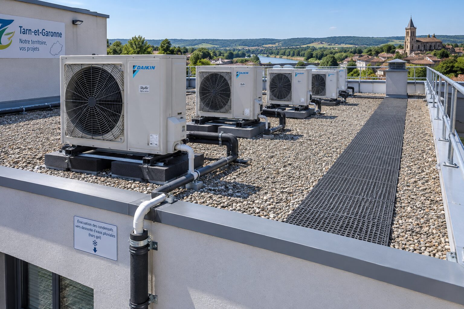 Installation PAC sur toiture d’un commerce avec évacuation des condensats sécurisée