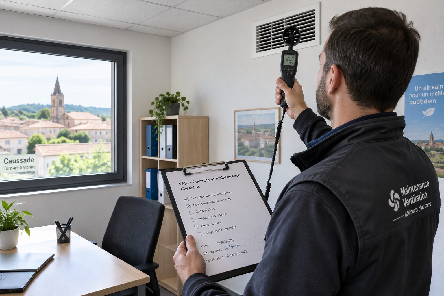 Mesure du débit d’air VMC dans un bureau à Caussade