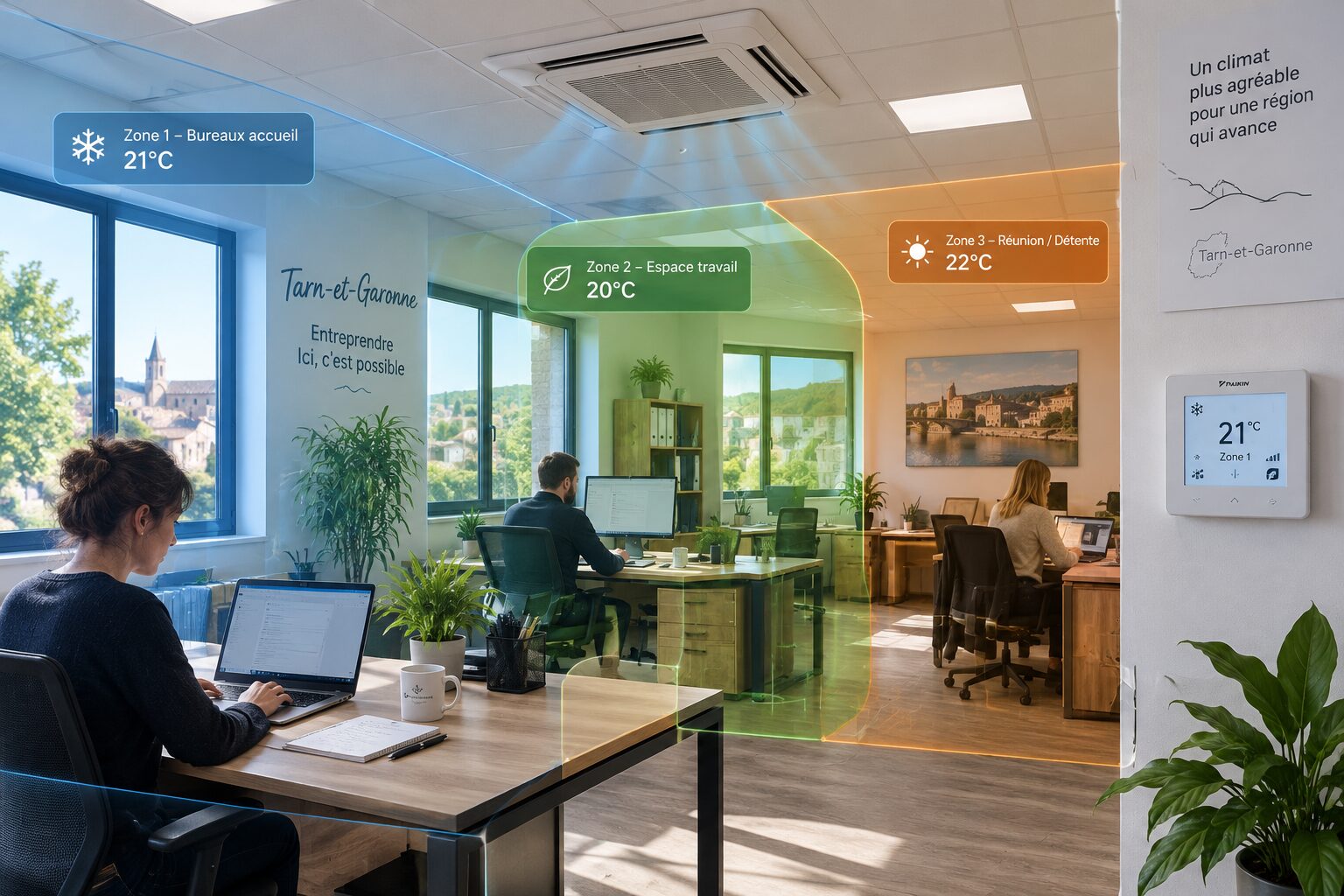 Thermostat et cassette de climatisation réversible en bureau professionnel