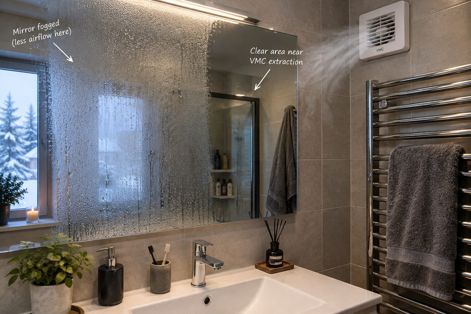 Ventilation efficace : moins de condensation sur le miroir de la salle de bain