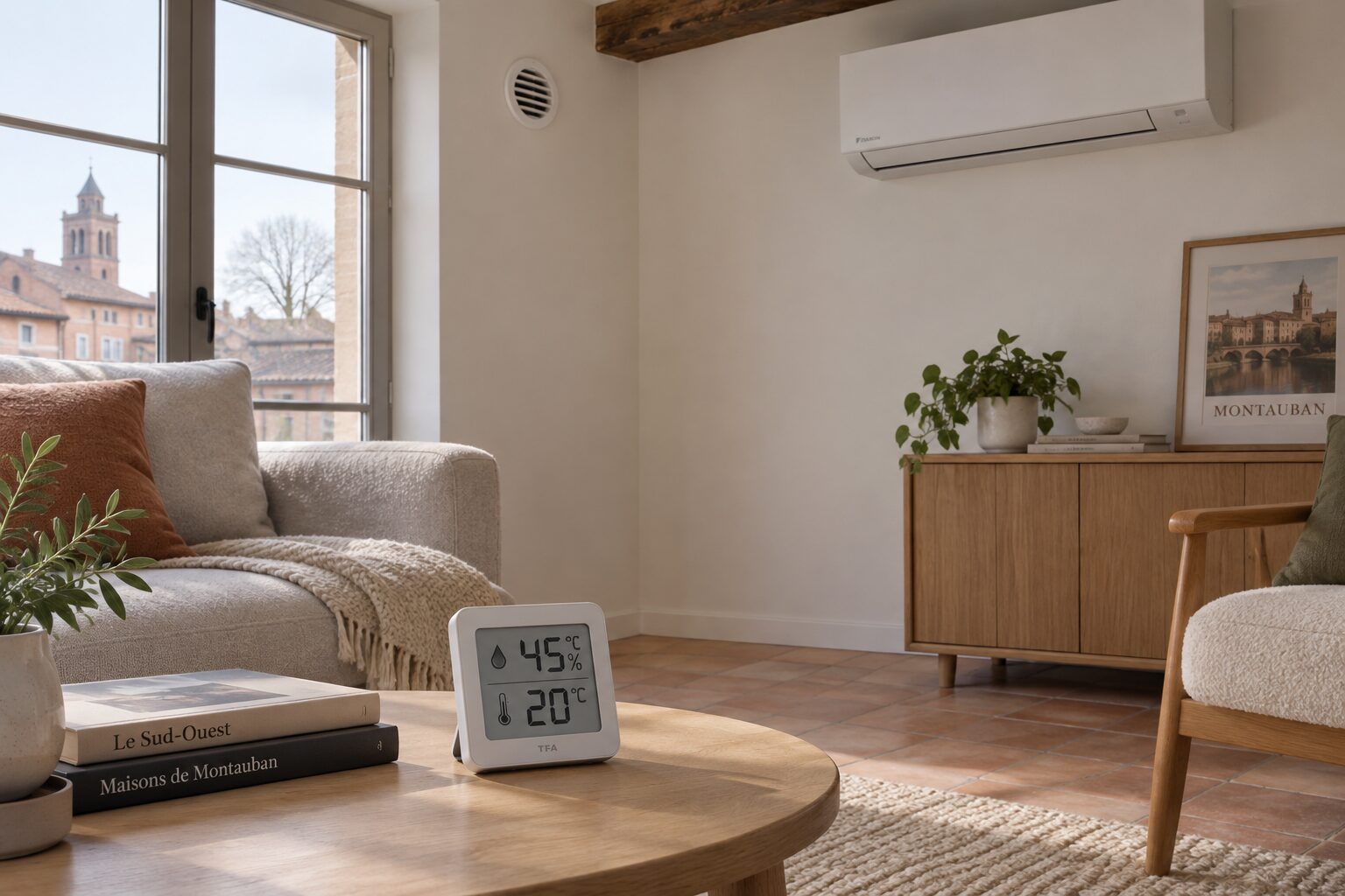 Hygromètre 45 % et unité intérieure de clim réversible pour un air confortable