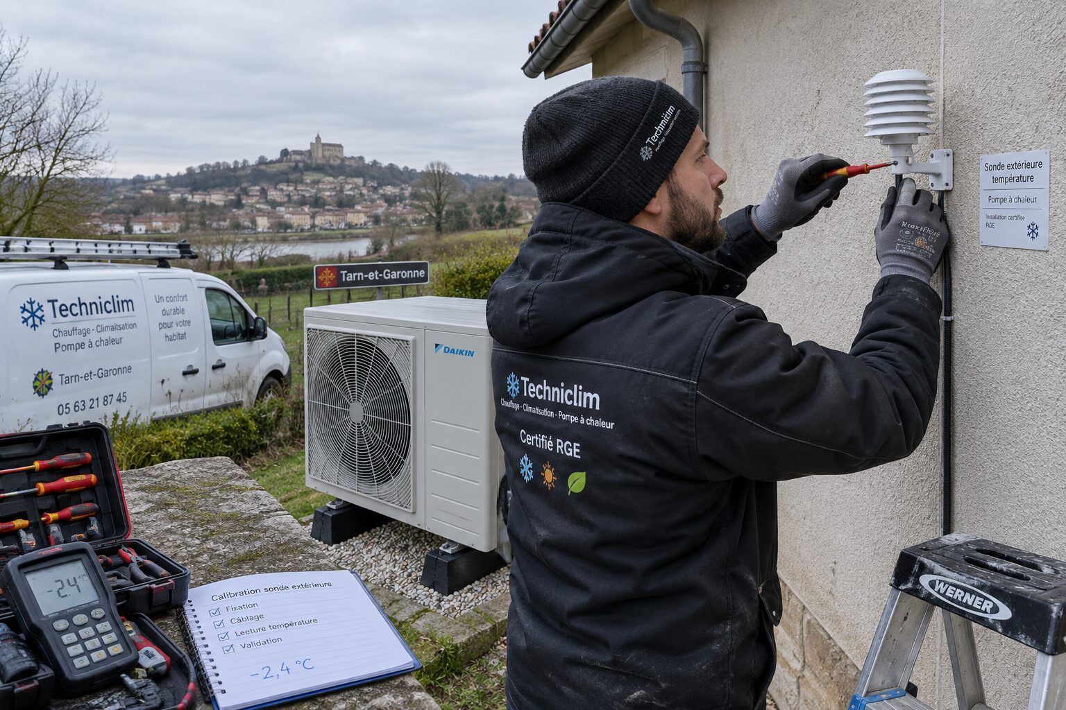 Technicien AES Clim 82 installant et calibrant une sonde extérieure pour la régulation climatique.
