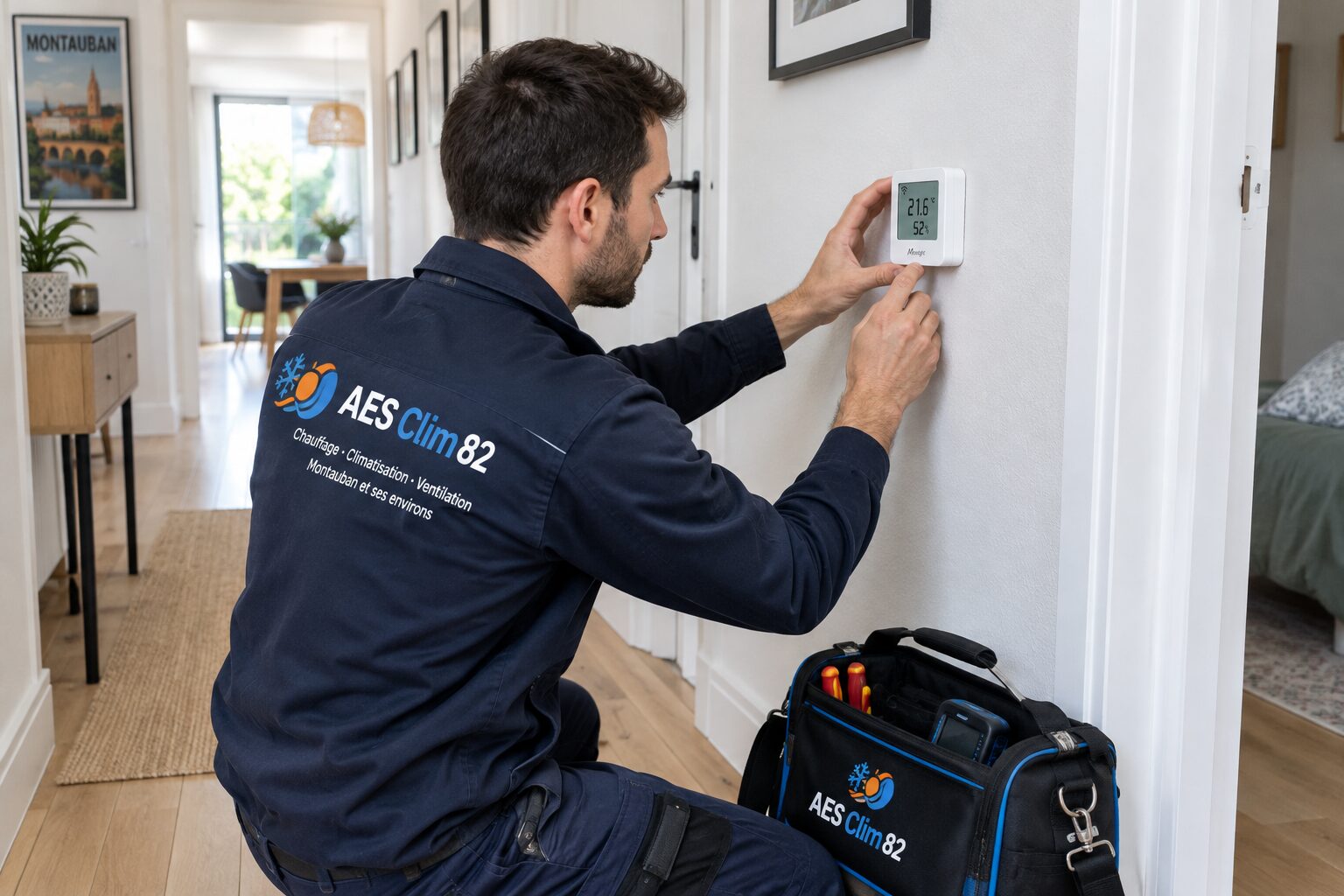 Technicien AES Clim 82 calibrant une sonde d’ambiance à Montauban