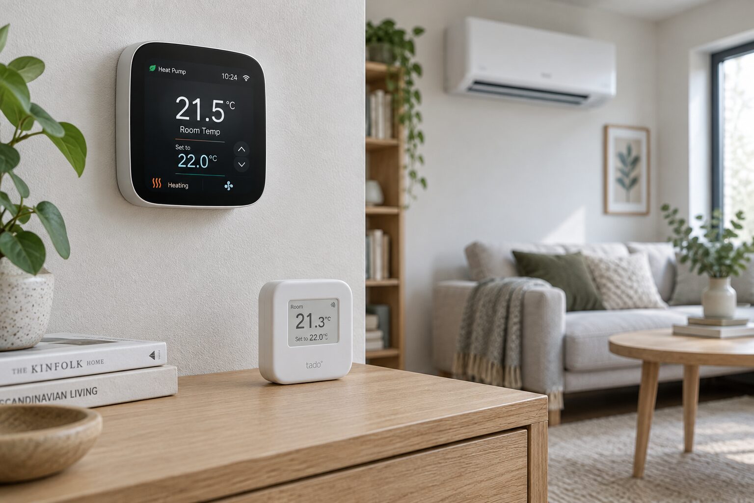 Thermostat et sonde d’ambiance devant une unité intérieure de PAC