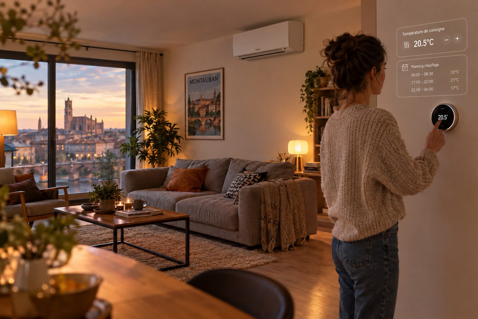 Thermostat intelligent pilotant une PAC réversible en mode chauffage dans un salon à Montauban